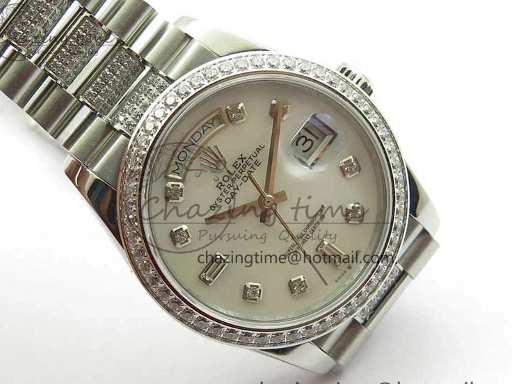 MiroTime 0128 Day-Date 36mm 128239 SS Crystal BP Best Edition White MOP Crystal Marker Dial on SS President Bracelet A MoistureWicking 2682